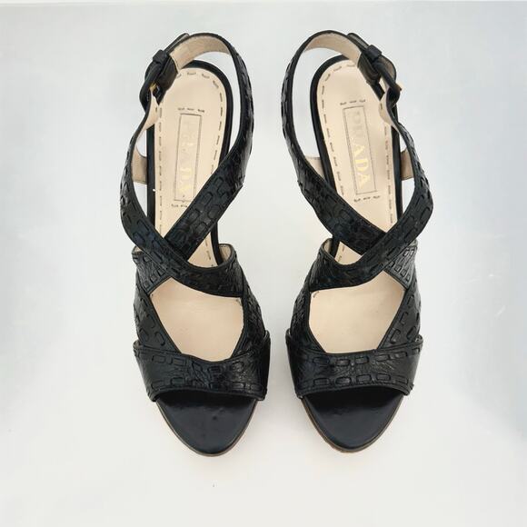 Prada Crisscross Platform Sandals Heels Black Leather Espadrille Platform 36.5 - Picture 3 of 12